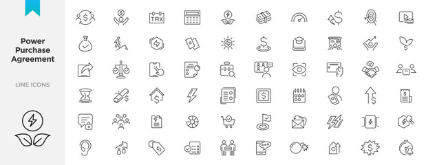 Power purchase agreement linear icons set. UI icon set in flat line design. Thin outline icons pack.