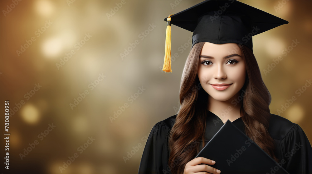 Wall mural A young woman in graduation cap and gown, holding a diploma, with a golden bokeh background. - Wall murals