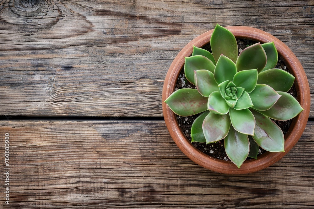 Sticker Succulent plant in pot on wooden table with space for text