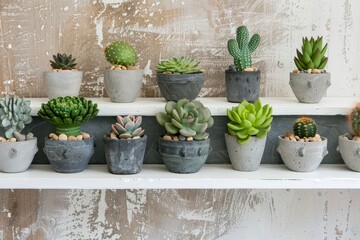 Succulents and cactus in various concrete pots on white shelf Scandinavian hipster decor