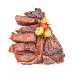 Fotobehang Delicious grilled beef meat and vegetables isolated on white, top view © New Africa