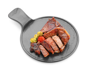 Delicious grilled beef meat and vegetables isolated on white