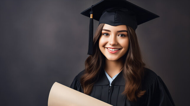 Portrait of a graduate woman smiling, holding her cap, on a grey background.