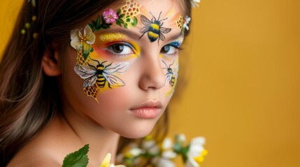 A child's face adorned with a beautifully artistic bee and floral face paint, capturing the essence of pollination and the wonder of nature.