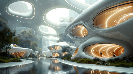 Futuristic cityscape with organic architecture and waterways