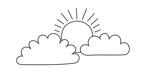 One line sun cloud art. Single line sketch sunny summer travel concept. Nature cloudy sky weather element, vector illustration, isolated silhouette on the white background.