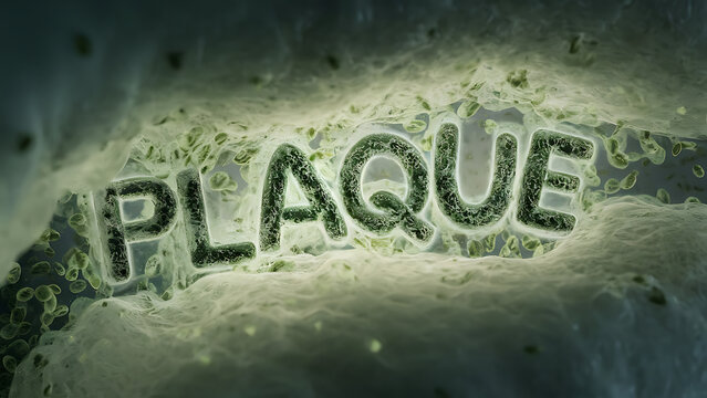 word &ldquo;PLAQUE&rdquo; formed by plaque itself, providing visual representation of dental or arterial plaque