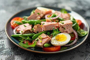 A healthy tuna salad with tuna green beans egg salad tomato and onion slices