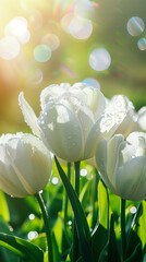 White Tulips Glistening with Morning Dew, Sunlit Freshness
