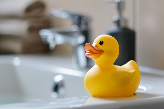 A lone rubber duck toy on a basin or sink