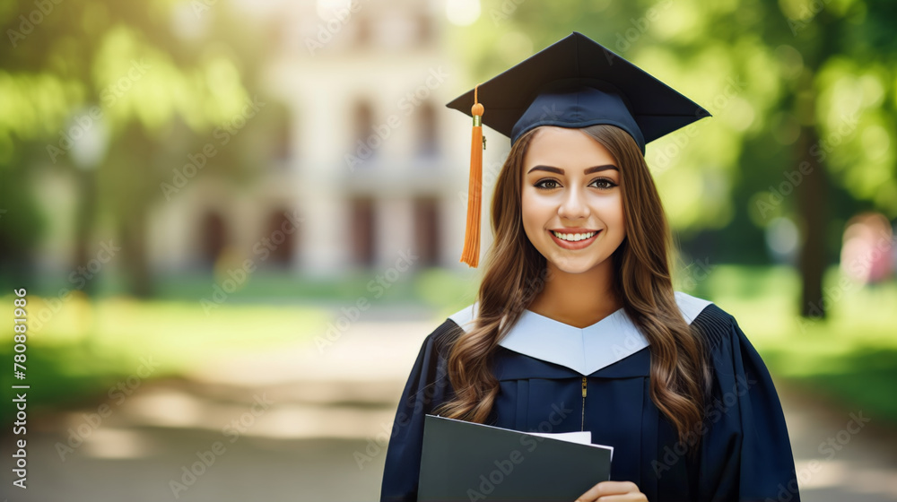 Wall mural Female graduate in cap and gown holding a diploma outdoors on campus. - Wall murals
