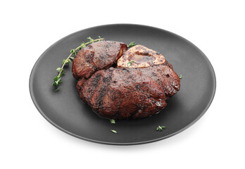 Delicious grilled beef meat with thyme isolated on white
