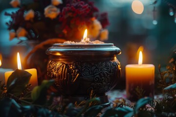 A sorrowful farewell at a funeral with a metal urn praying hands burning candles and ashes from a deceased person - obrazy, fototapety, plakaty