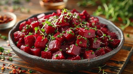   A tight shot of a bowl brimming with beets, topped by herb sprigs on a weathered wooden table