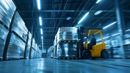 A Forklift Operates in Warehouse