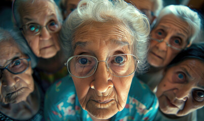 A group of grandmother is taking selfie looking at the camera