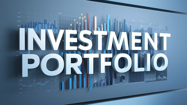 text &ldquo;INVESTMENT PORTFOLIO&rdquo; bold, white letters, data bars, growth and analytics