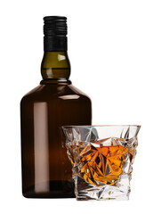 Glass and bottle of whiskey isolated on white