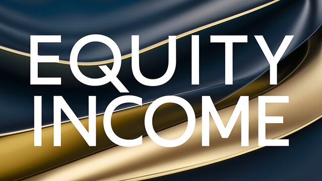 White text &ldquo;EQUITY INCOME&rdquo;  luxurious golden waves deep navy blue backdrop