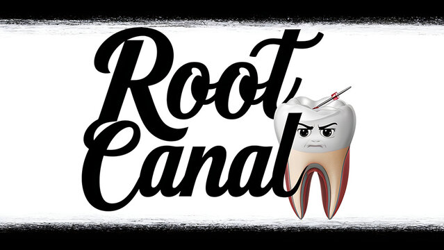 Cartoon tooth undergoing procedure, with words  &ldquo;Root Canal"