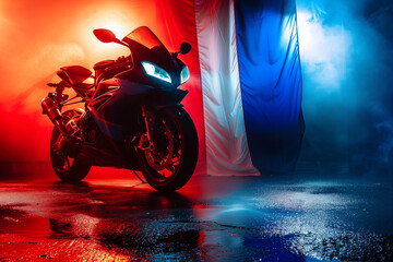 Sports Motorcycle Illuminated by Blue and Red Lights at Night