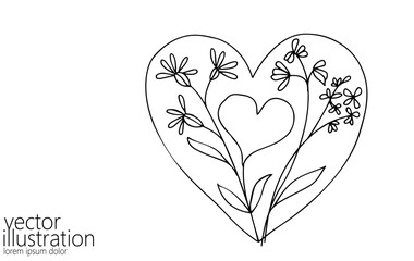  Heart with flowers single continuous line art. Romantic love date relationship couple silhouette concept design one sketch outline drawing white vector illustration