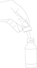 Drawing of a left female hand holding a pipette over a cosmetic container