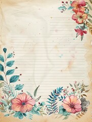 Flowers painted on old paper with watercolor. Natural frame border. Vintage style background