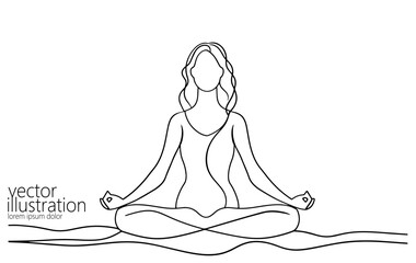  One continuous line art yoga woman. Girl in lotus pose antistress meditation minimalist isolated sketch ink drawing. Vector illustration