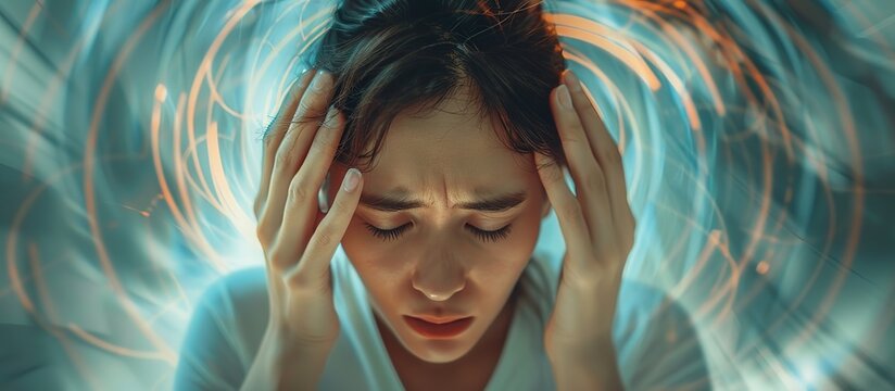 Woman with headache, dizziness, head spinning. Vertigo, headache, migraine.