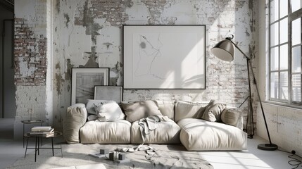   A white couch situated in a living room, adjacent to a wall decorated with a picture and topped by a table-lamp - obrazy, fototapety, plakaty
