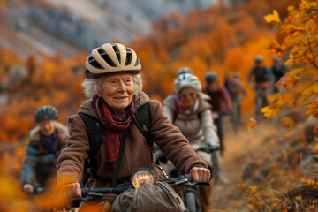 An elderly woman cycles through a trail adorned with fall foliage, displaying vitality and enjoyment of life.