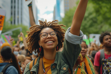 Smiling young African American woman standing outdoors with group of demonstrators in background. She is a student protesting with a group of activists in a demonstration on the city street