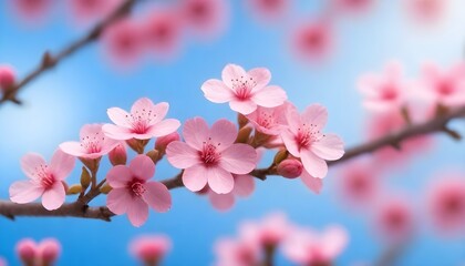 Close-up of pink cherry blossoms with a blue sky in the background