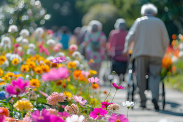 a group of elderly people enjoying a leisurely stroll among vibrant and colourful flowers in a sunlit garden, invoking feelings of peace and leisure.Well-being in the older population