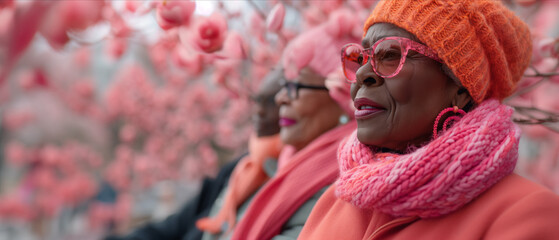 A joyful senior African American woman wearing pink glasses and a knit cap smiles serenely amidst blooming cherry blossoms.Proud of African heritage