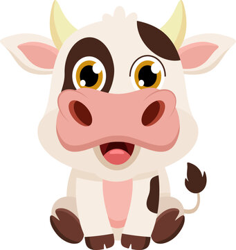 Cute Baby Cow Animal Cartoon Character. Vector Illustration Flat Design Isolated On Transparent Background
