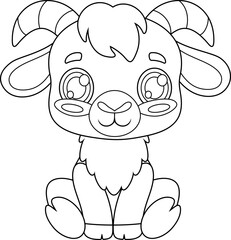 Outlined Cute Baby Goat Animal Cartoon Character. Vector Hand Drawn Illustration Isolated On Transparent Background