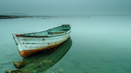 Fototapeta premium A boat floating atop a tranquil body of water alongside a majestic lake with boulders scattered in the foreground