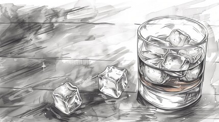 Glass of whiskey with ice on a wooden table hand drawn sketch. Black and white illustration of a glass of whiskey on the rocks with ice cubes on a wooden table.