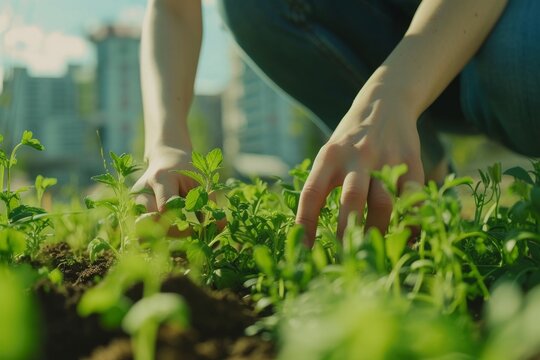Close-up of hands planting, weeding and thinning plants in urban community garden. Sustainability, promoting environmentally friendly practices, community engagement, and local food production concept