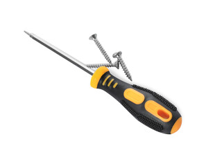 Screwdriver with black handle and screws isolated on white, top view