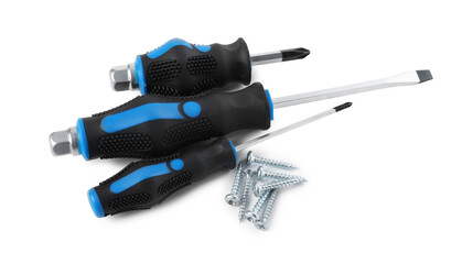 Screwdrivers with black handles and screws isolated on white
