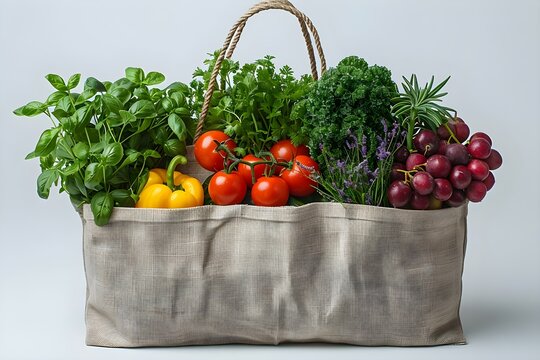 Promoting healthy eating: Tote bag with fresh produce on white background. Concept Healthy Food, Fresh Produce, Tote Bag, White Background, Promotional Materials