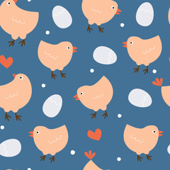 Seamless pattern with cute chickens and eggs. Abstract print with birds. Vector graphics.