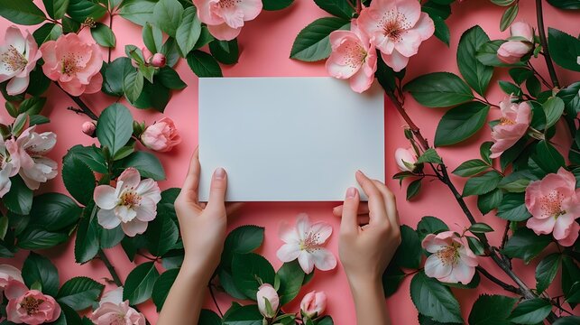 a mesmerizing portrayal of fresh blooming flowers and lush green leaves adorning an empty white photo frame, against a subtle pink background