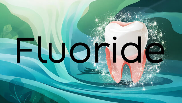 word “Fluoride”, healthy white tooth, dynamic waves, symbolizing protective power of fluoride