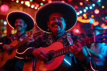 Mexican musicians Mariachi at party. - obrazy, fototapety, plakaty