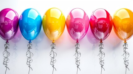   A row of multicolored balloons sits atop one another in front of a white wall, connected by a string
