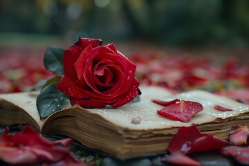 A red rose is on top of an open book